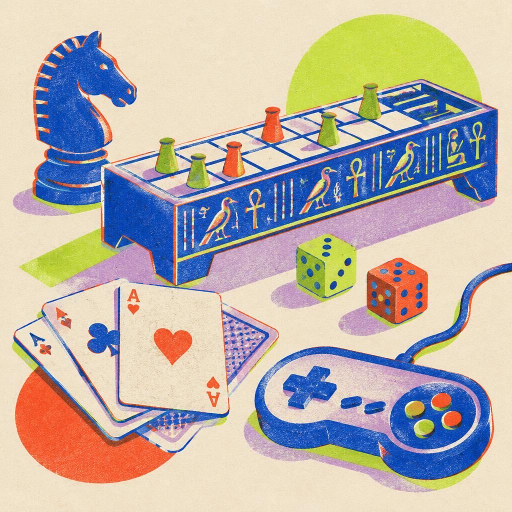 Riso print of a Senet board, chess knight, cards, dice and a game controller