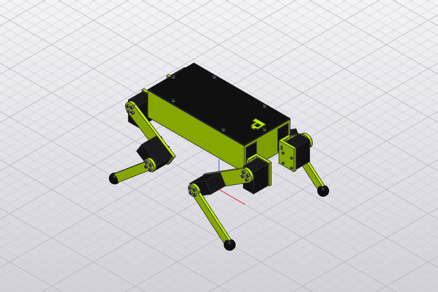The dog in Polykrom's colours: a lime chassis under a black cover, lime legs, black servos and feet