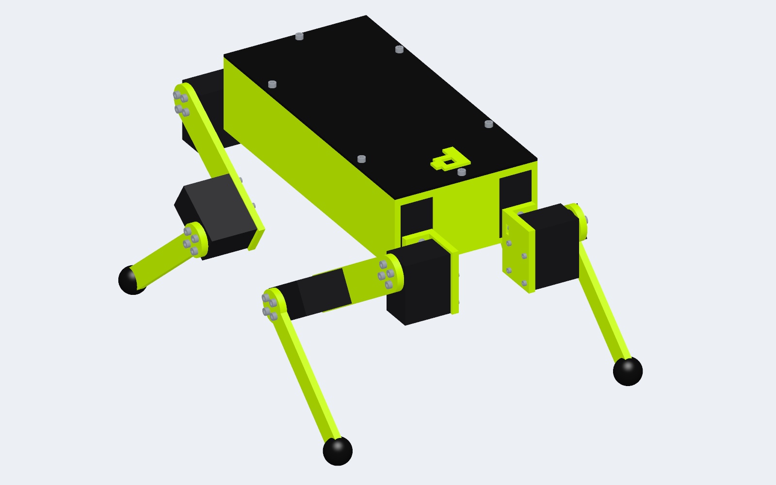 The agent's render of the dog: a lime chassis under a black cover with the pixel-p badge, four lime legs, black servos and feet