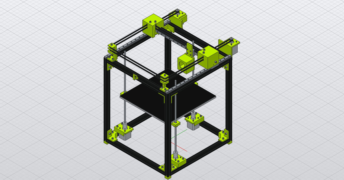 The printer in Polykrom's colours: a black 2020 frame, lime printed brackets and mounts, the bed partway down